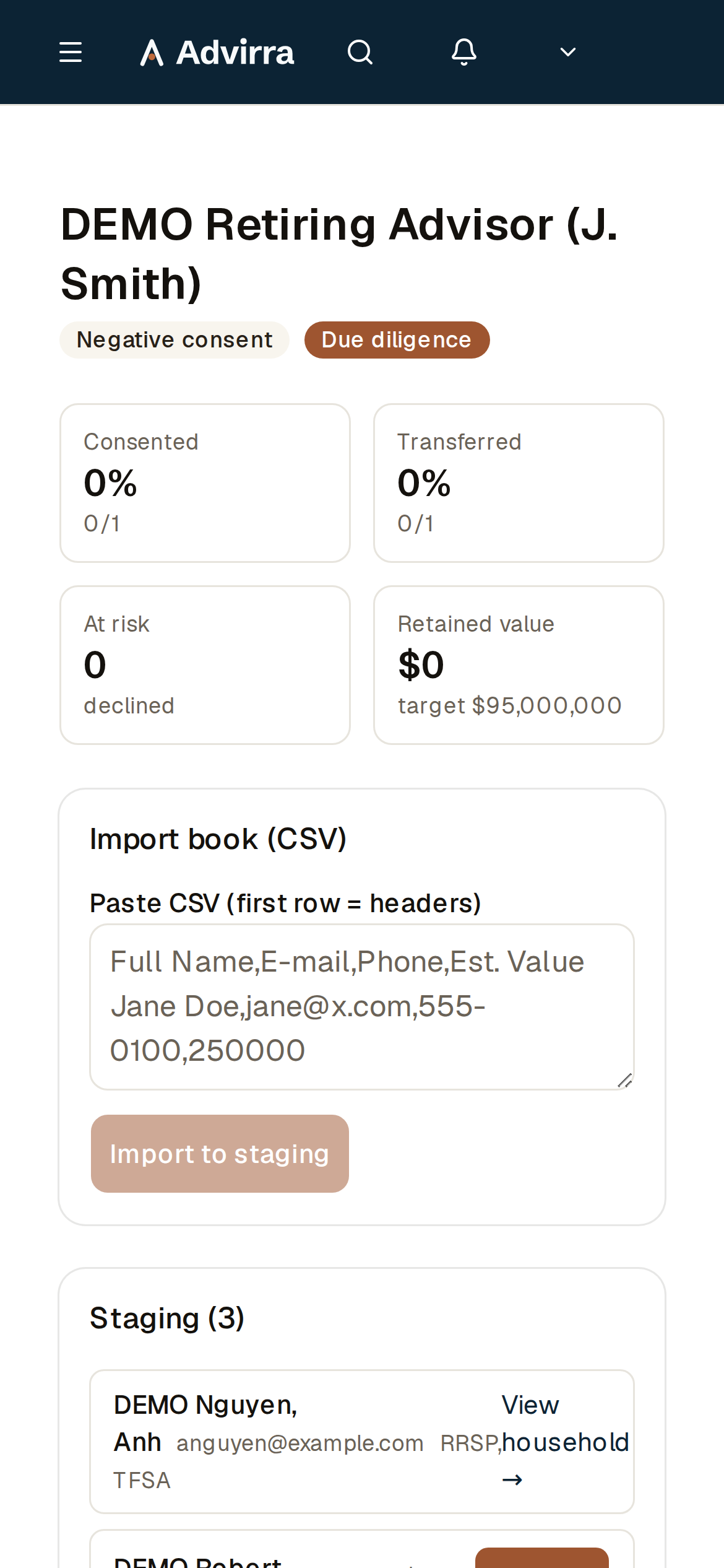 Staged rows, mapping, and consent for one acquired book. (mobile)