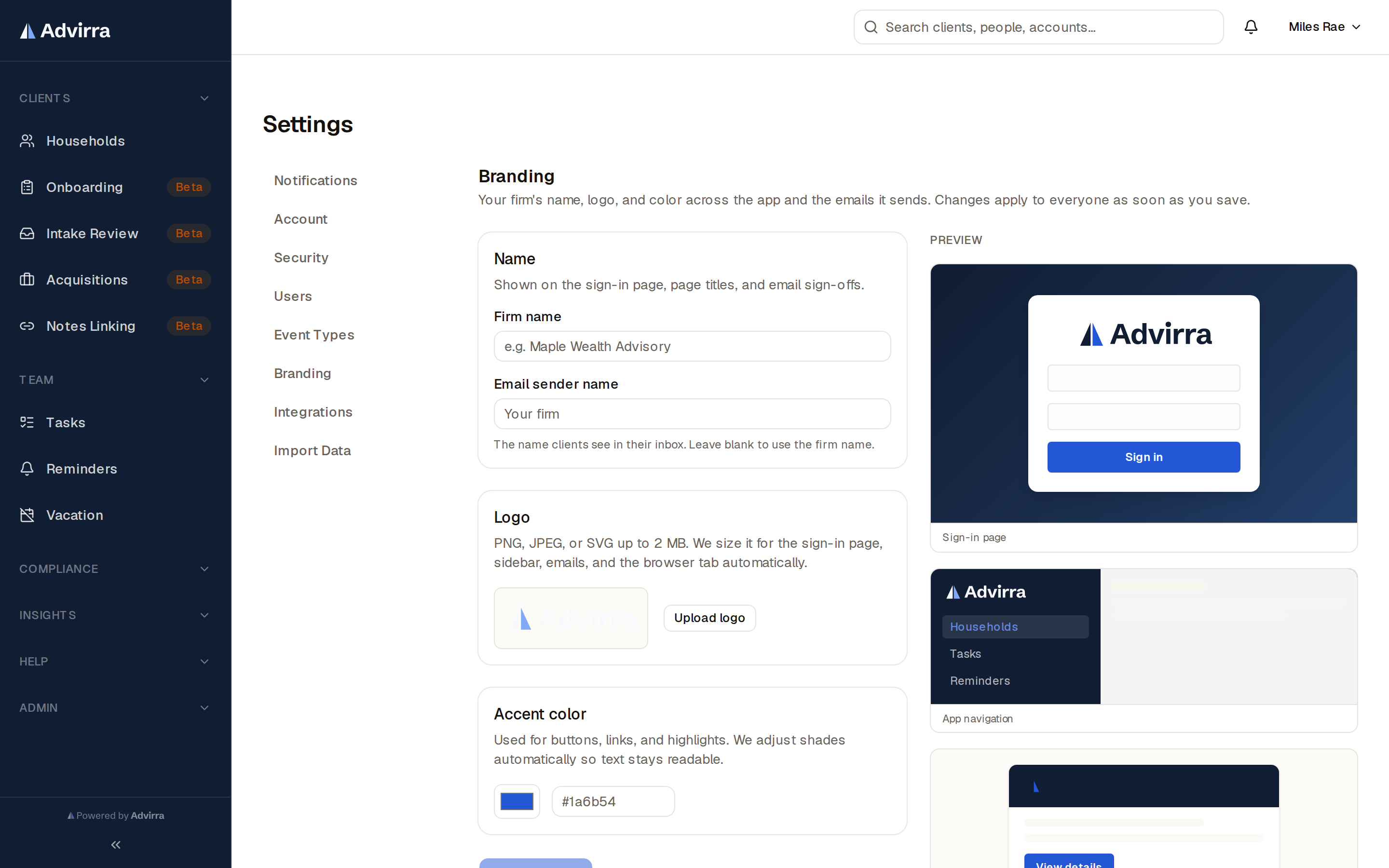 Branding settings — your logo, colours, and email identity applied across the CRM.