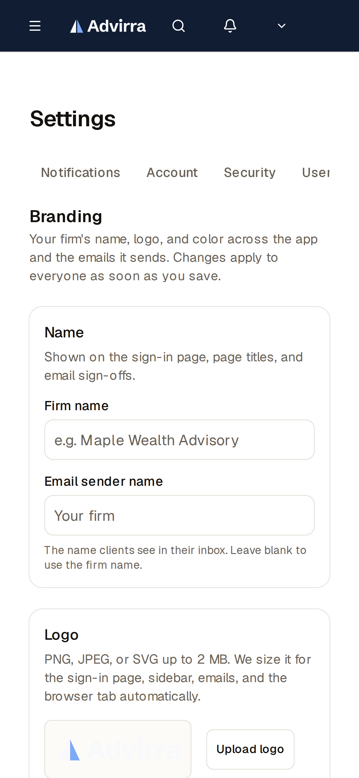 Branding settings — your logo, colours, and email identity applied across the CRM. (mobile)