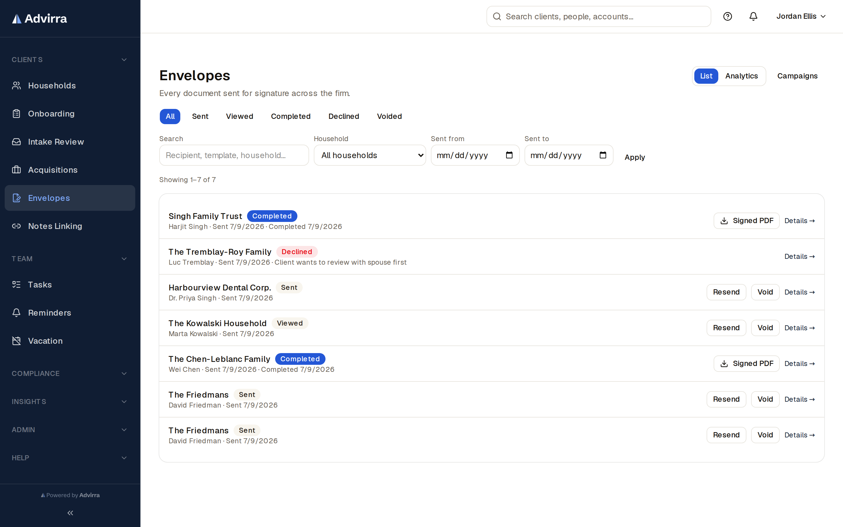 The envelopes page — every e-signature send, its status, and its history in one place.