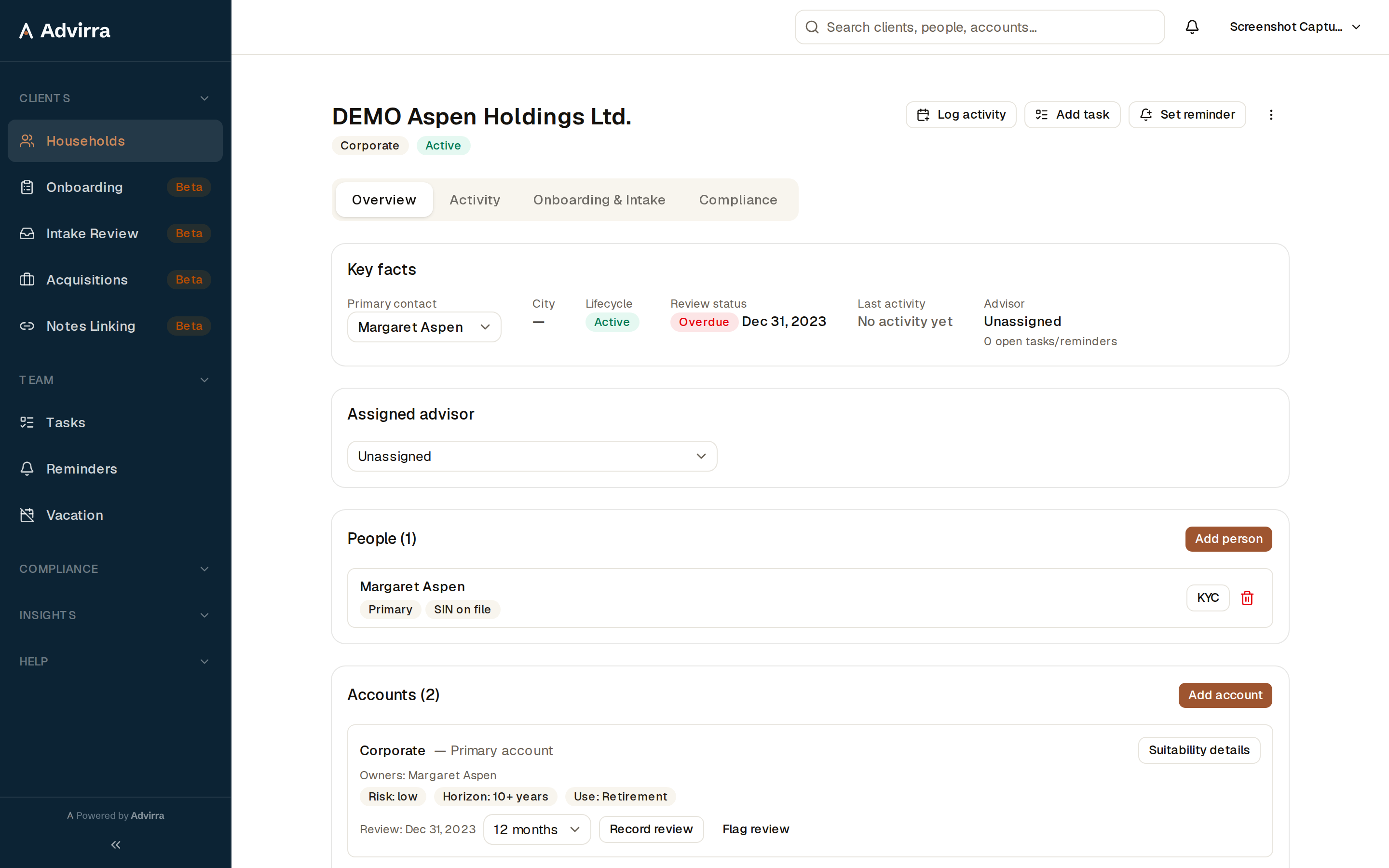 A single household: people, accounts, KYC, and review history in one place.