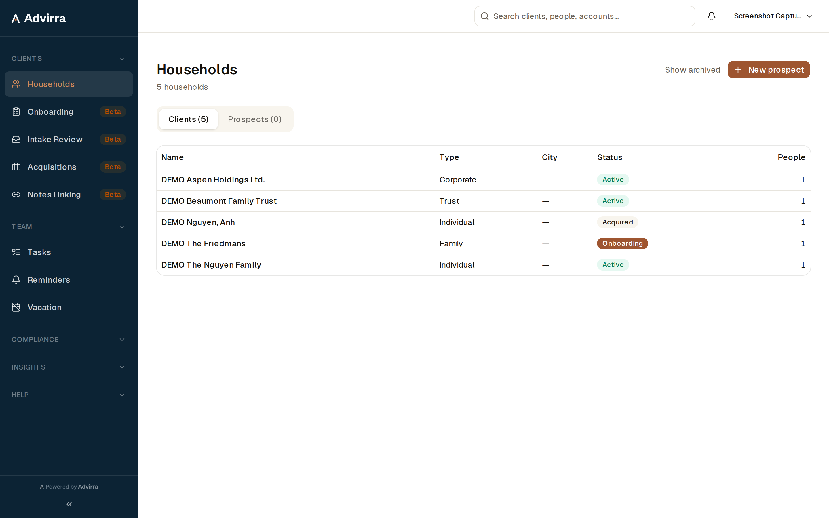 The household book — prospects, active clients, and composition at a glance.