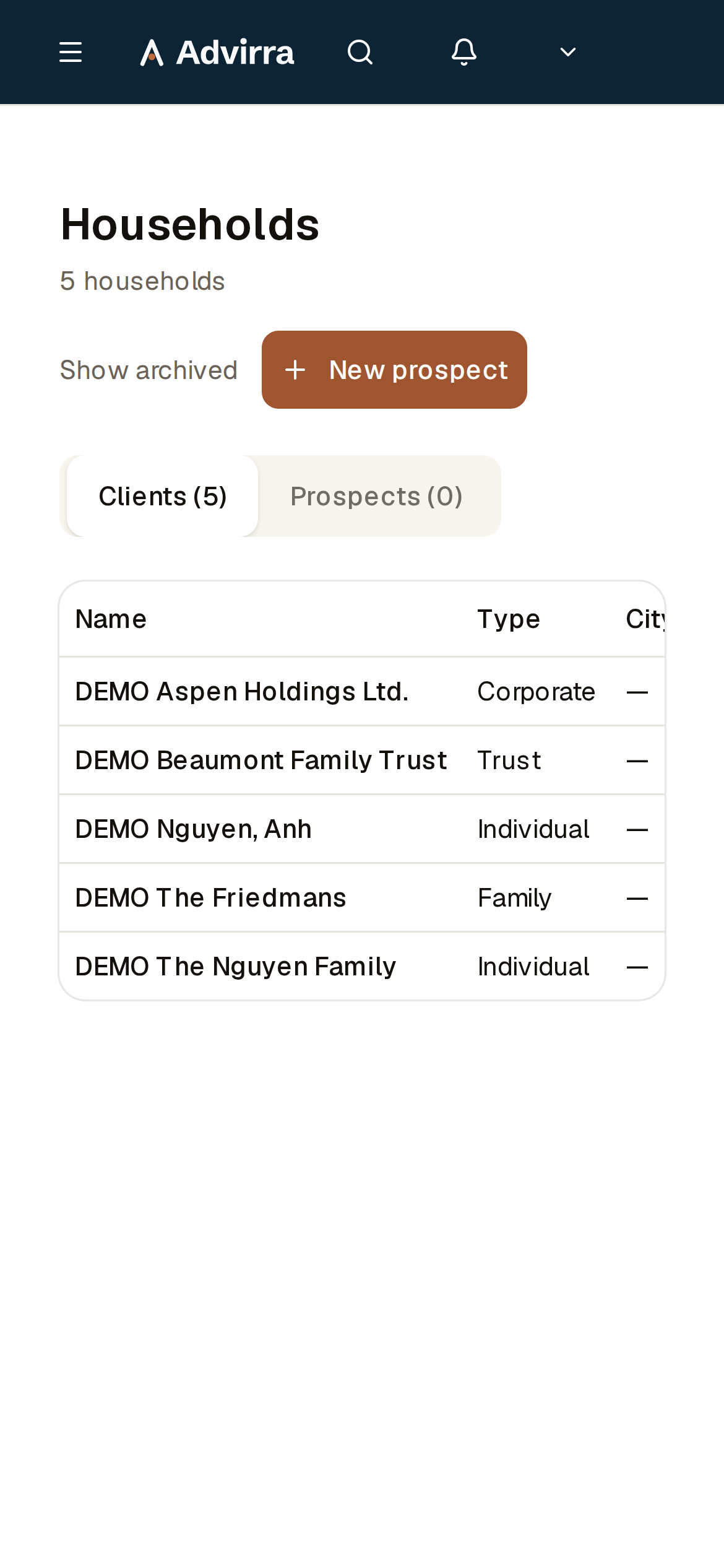 The household book — prospects, active clients, and composition at a glance. (mobile)