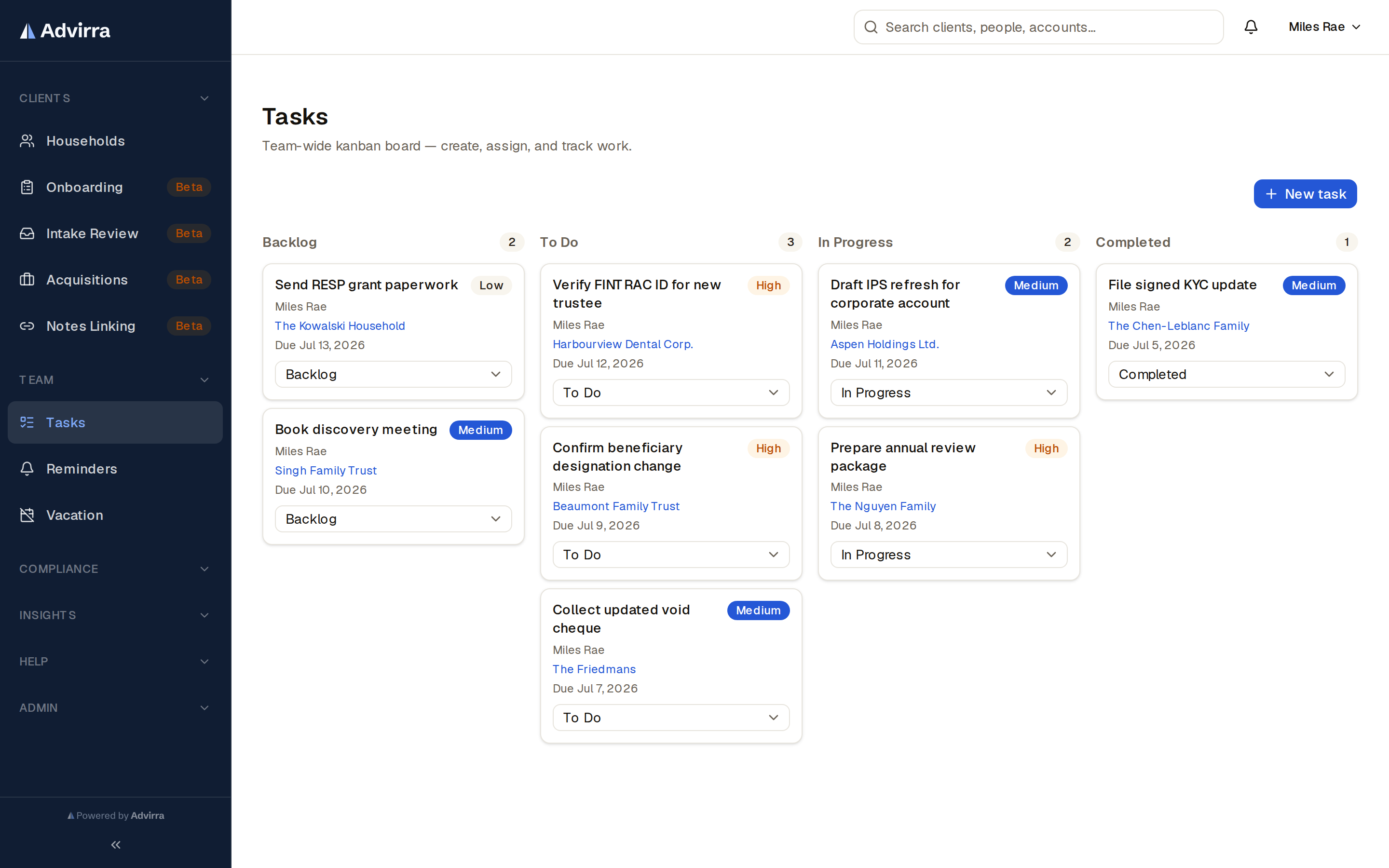 The practice task board — priorities, due dates, and household context in one place.