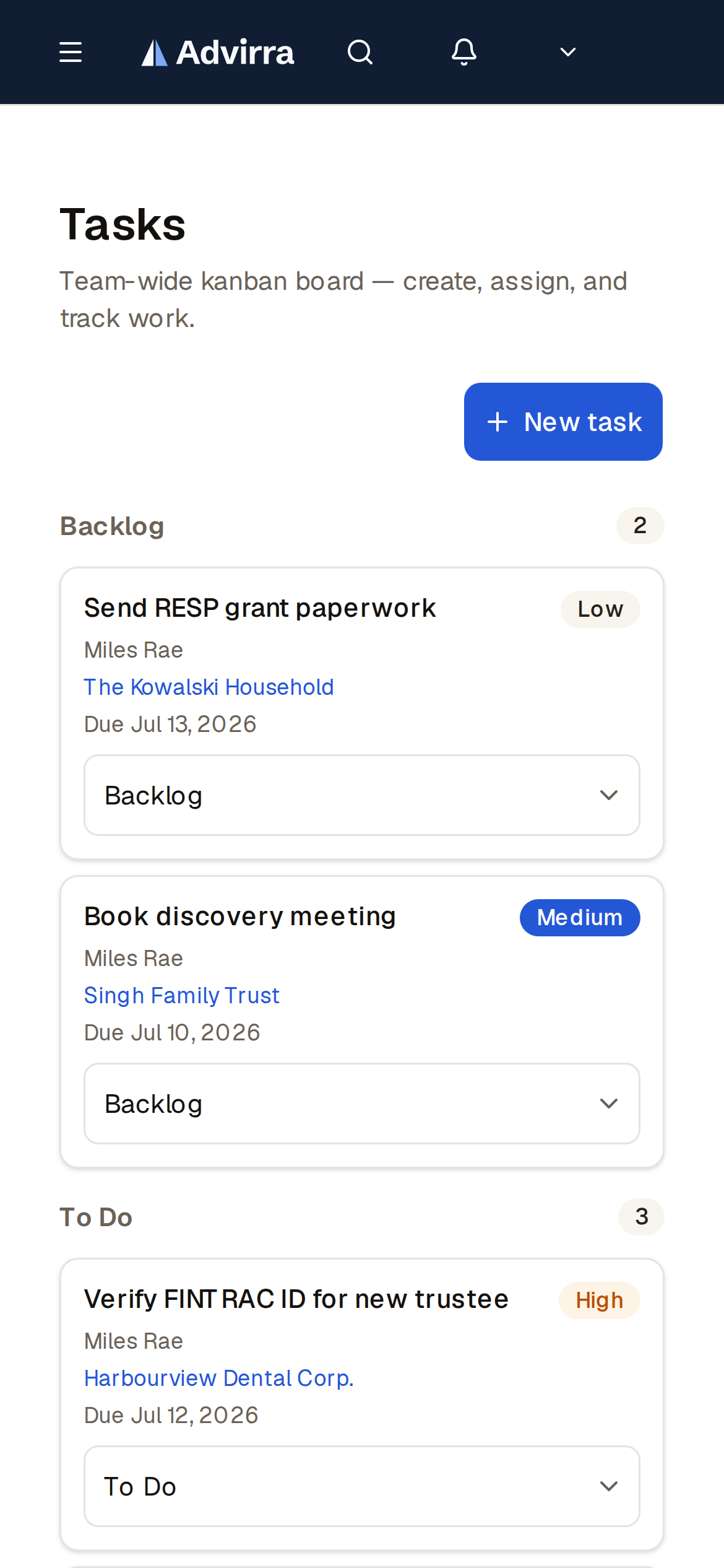 The practice task board — priorities, due dates, and household context in one place. (mobile)